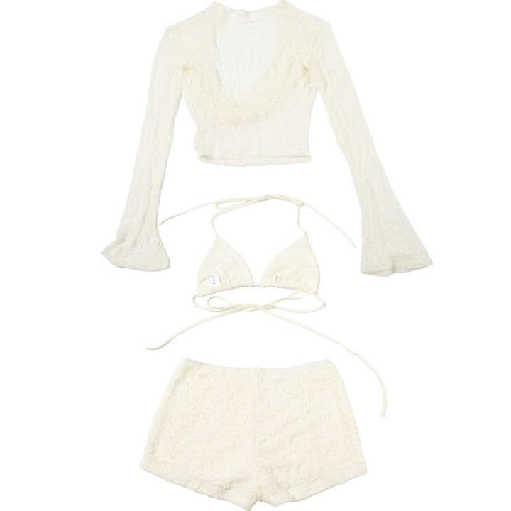 Long flared sleeve halter self tie 3 piece short pant set  | Festival Outfits Women