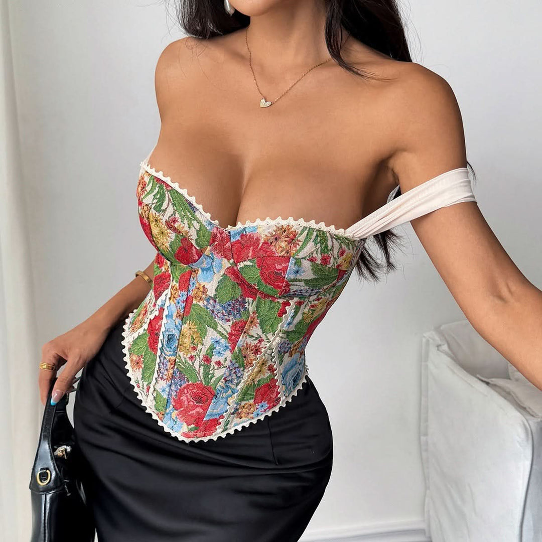 Off shoulder flower pattern lace up bustier top  | Festival Outfits Women-final-sale