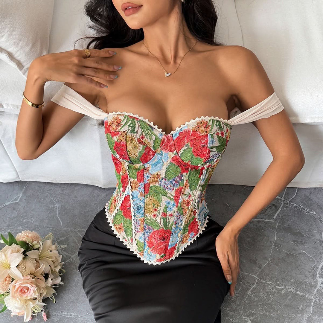 Off shoulder flower pattern lace up bustier top  | Festival Outfits Women-final-sale