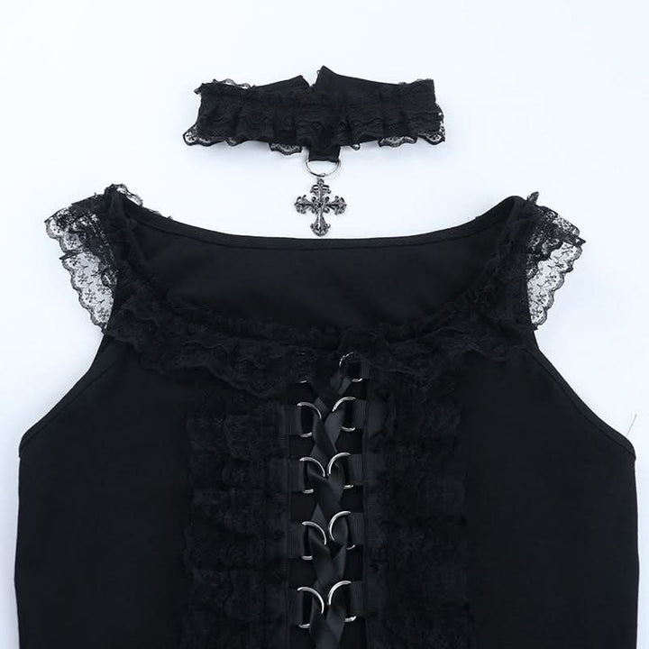Lace hem lace up slit round neck top  | Festival Outfits Women