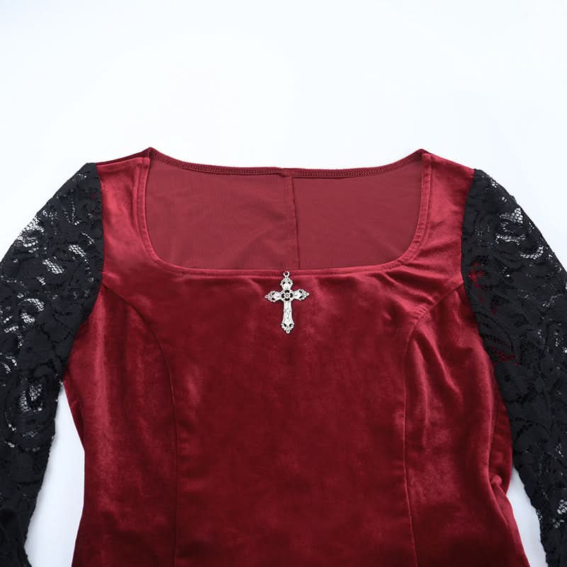 Long flared sleeve lace square neck slit midi dress  | Festival Outfits Women-final-sale