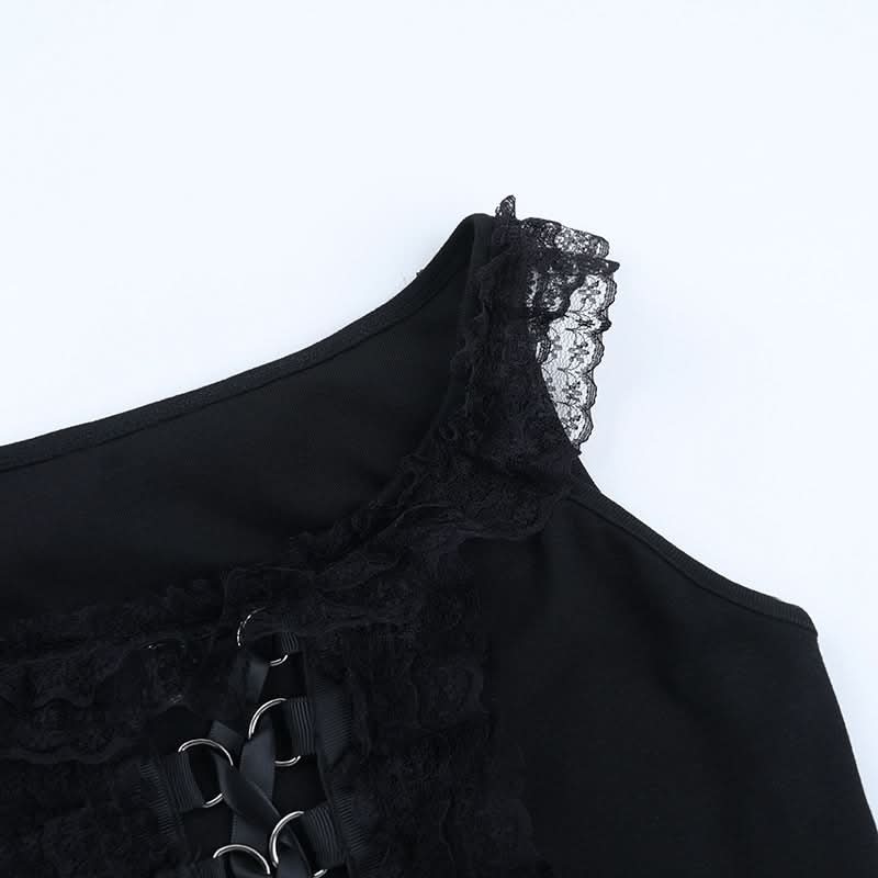 Lace hem lace up slit round neck top  | Festival Outfits Women