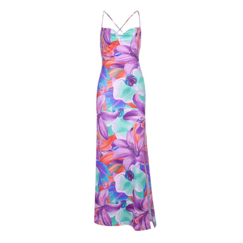 Cross back flower print cowl neck slit maxi dress  | Festival Outfits Women