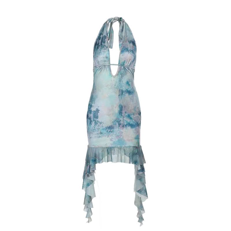 Print halter ruffle v neck self tie mini dress  | Festival Outfits Women