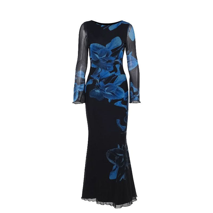 Long sleeve flower print mesh ruffle maxi dress  | Festival Outfits Women-final-sale