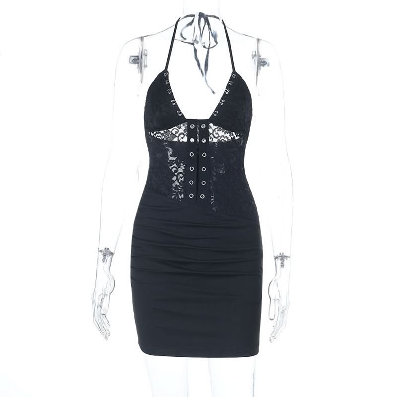 Halter self tie ruched lace v neck mini dress  | Festival Outfits Women