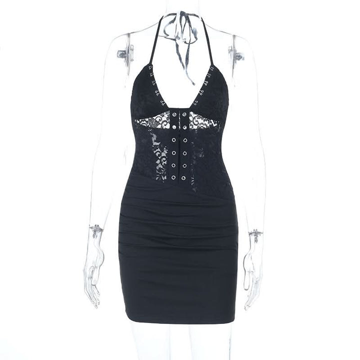 Halter self tie ruched lace v neck mini dress  | Festival Outfits Women