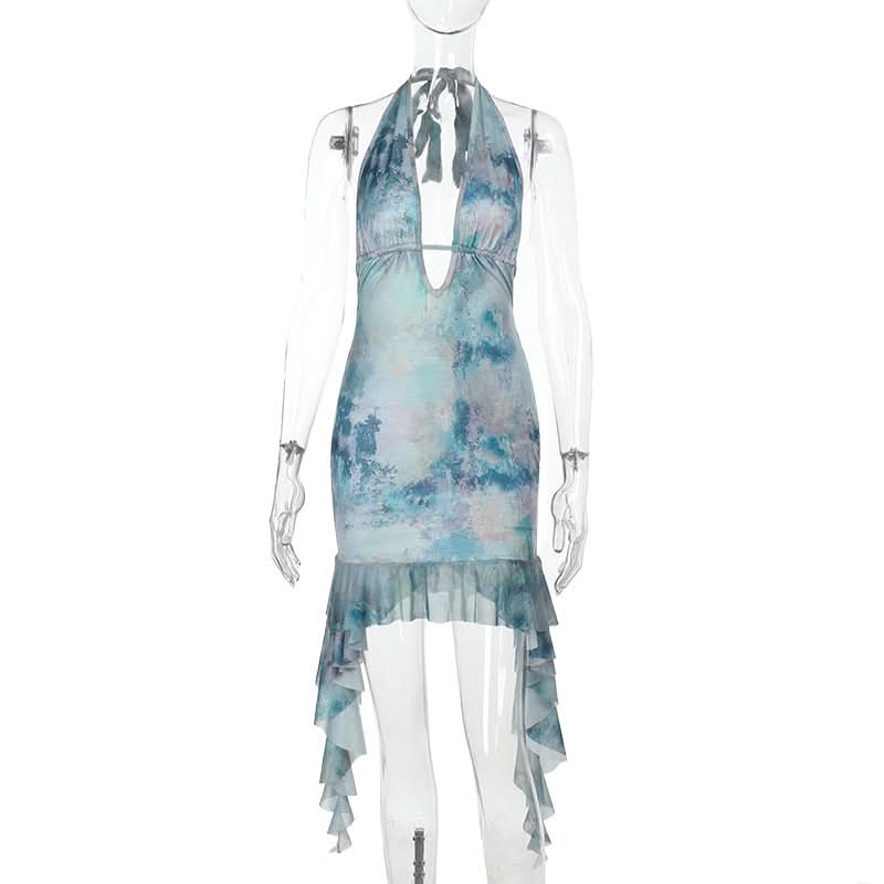 Print halter ruffle v neck self tie mini dress  | Festival Outfits Women