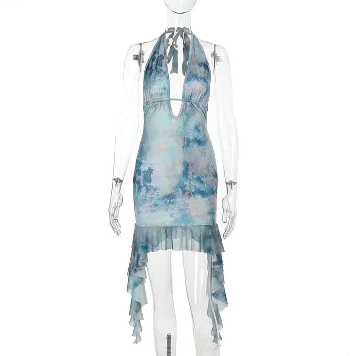 Print halter ruffle v neck self tie mini dress  | Festival Outfits Women