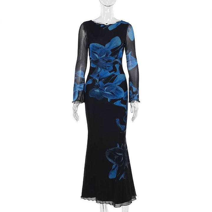 Long sleeve flower print mesh ruffle maxi dress  | Festival Outfits Women-final-sale