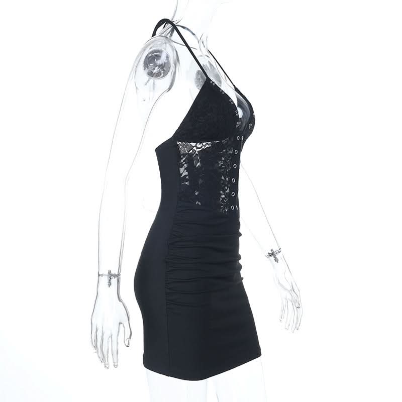 Halter self tie ruched lace v neck mini dress  | Festival Outfits Women