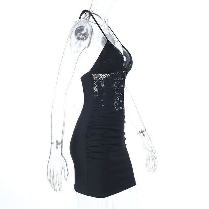 Halter self tie ruched lace v neck mini dress  | Festival Outfits Women