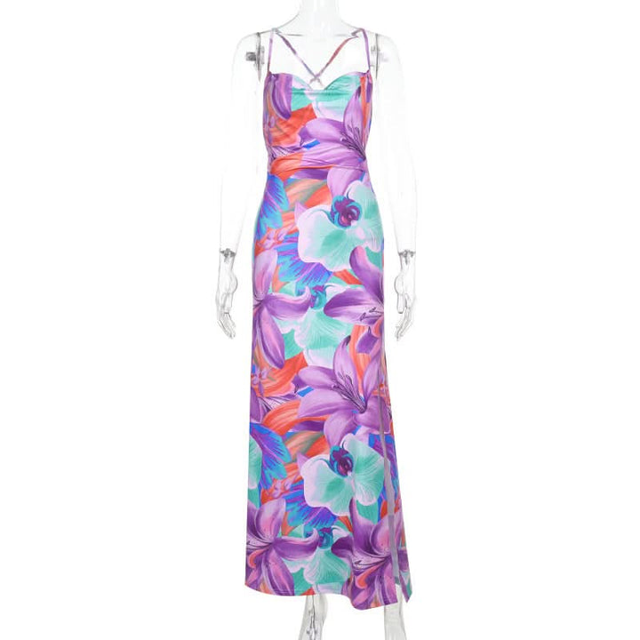 Cross back flower print cowl neck slit maxi dress  | Festival Outfits Women
