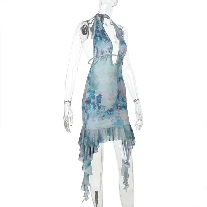 Print halter ruffle v neck self tie mini dress  | Festival Outfits Women