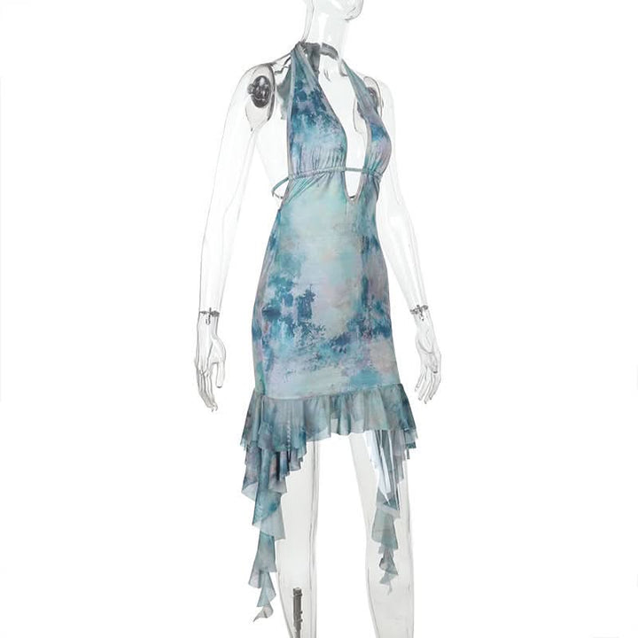 Print halter ruffle v neck self tie mini dress  | Festival Outfits Women
