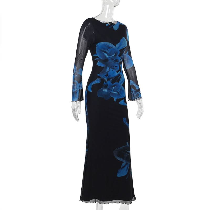 Long sleeve flower print mesh ruffle maxi dress  | Festival Outfits Women-final-sale