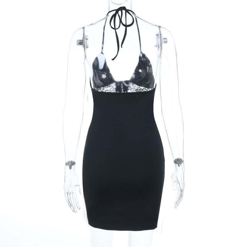 Halter self tie ruched lace v neck mini dress  | Festival Outfits Women