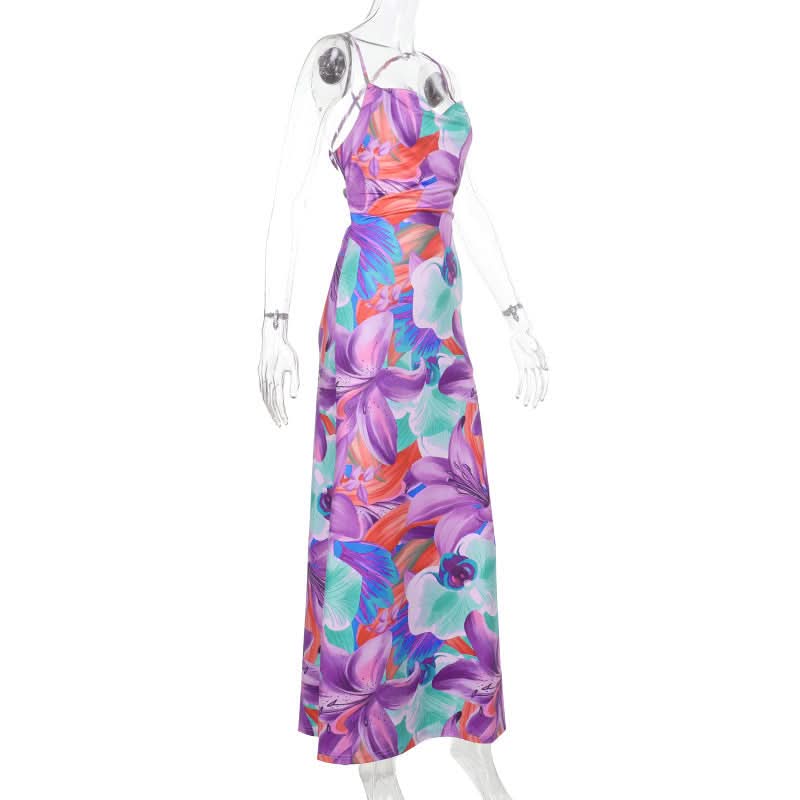 Cross back flower print cowl neck slit maxi dress  | Festival Outfits Women