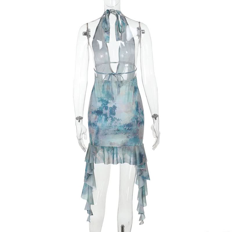 Print halter ruffle v neck self tie mini dress  | Festival Outfits Women