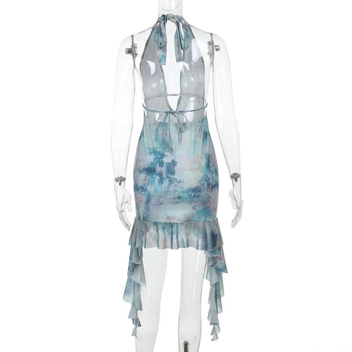 Print halter ruffle v neck self tie mini dress  | Festival Outfits Women