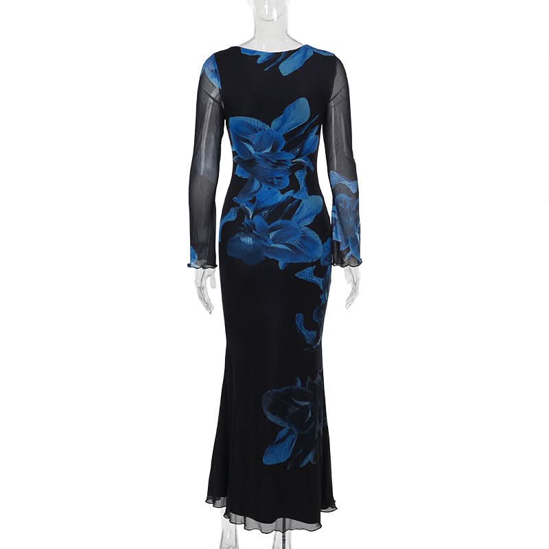 Long sleeve flower print mesh ruffle maxi dress  | Festival Outfits Women-final-sale