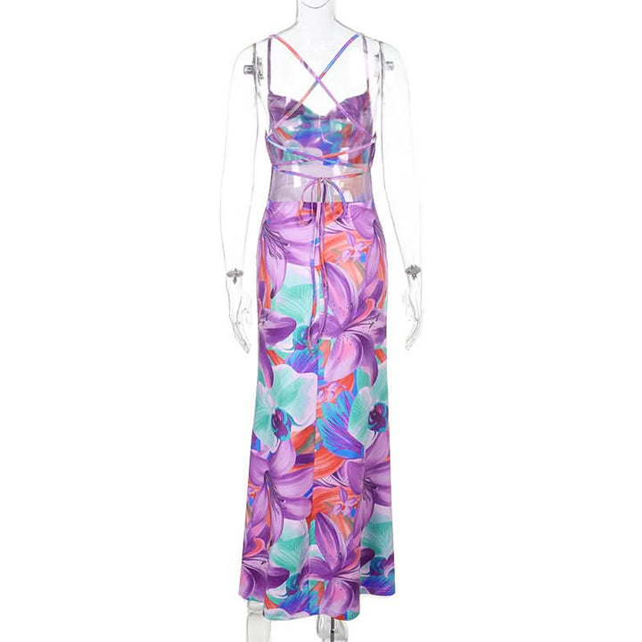 Cross back flower print cowl neck slit maxi dress  | Festival Outfits Women