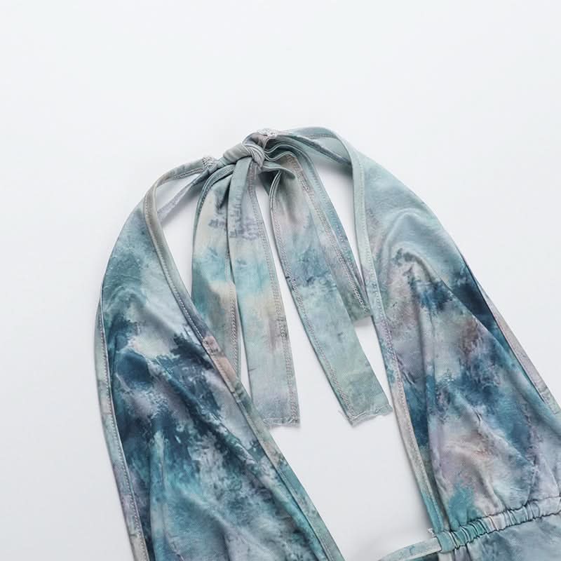 Print halter ruffle v neck self tie mini dress  | Festival Outfits Women