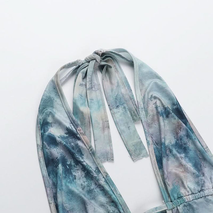 Print halter ruffle v neck self tie mini dress  | Festival Outfits Women