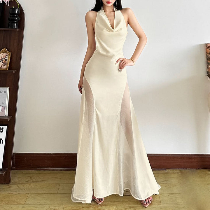 Cowl neck zip-up backless solid maxi dress  | Festival Outfits Women