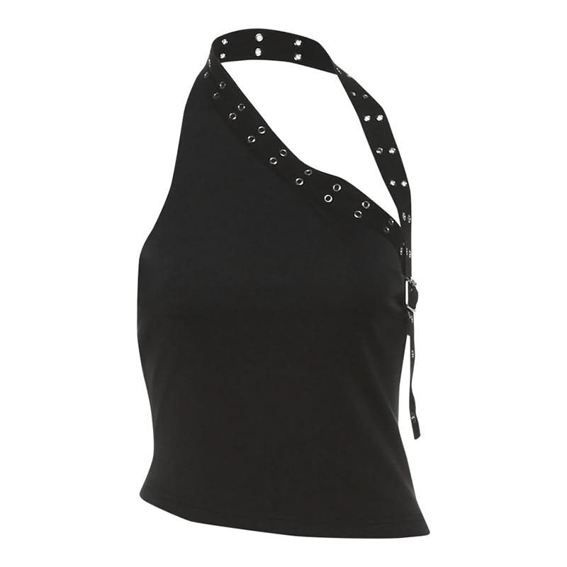 Halter irregular buckle solid backless top  | Festival Outfits Women