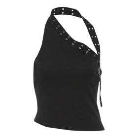 Halter irregular buckle solid backless top  | Festival Outfits Women