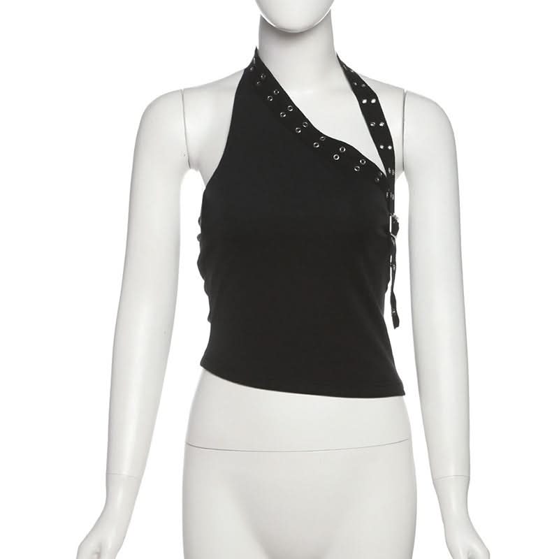 Halter irregular buckle solid backless top  | Festival Outfits Women