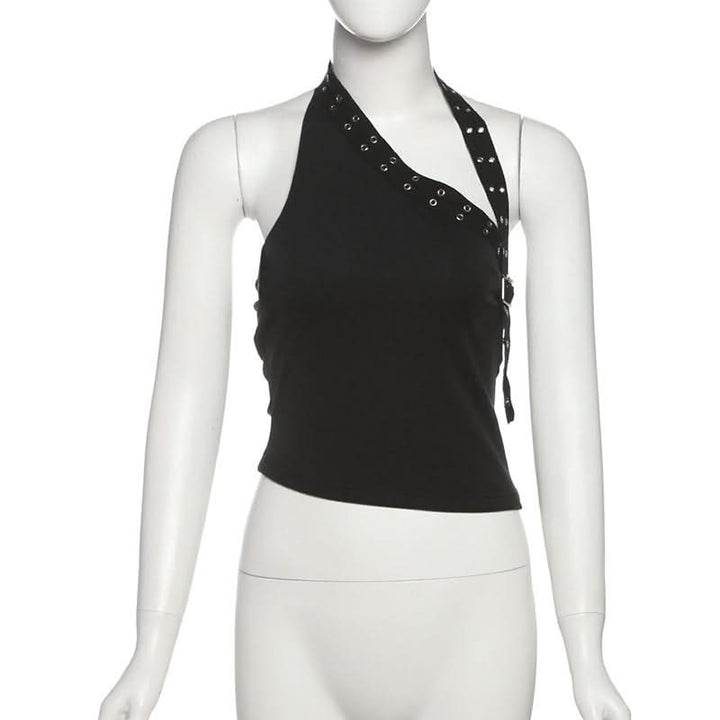 Halter irregular buckle solid backless top  | Festival Outfits Women