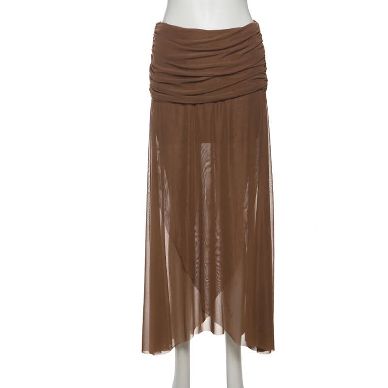 Ruched irregular mesh solid maxi skirt  | Festival Outfits Women