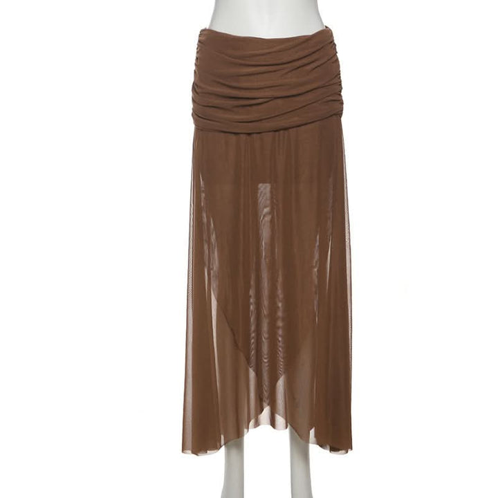 Ruched irregular mesh solid maxi skirt  | Festival Outfits Women