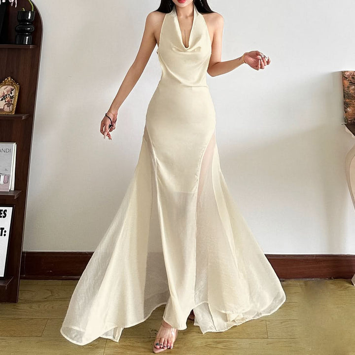 Cowl neck zip-up backless solid maxi dress  | Festival Outfits Women