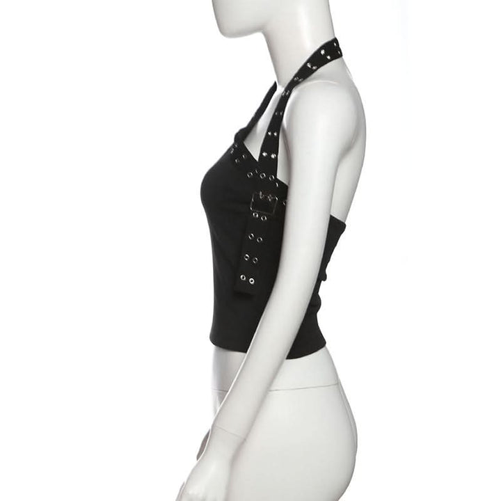 Halter irregular buckle solid backless top  | Festival Outfits Women