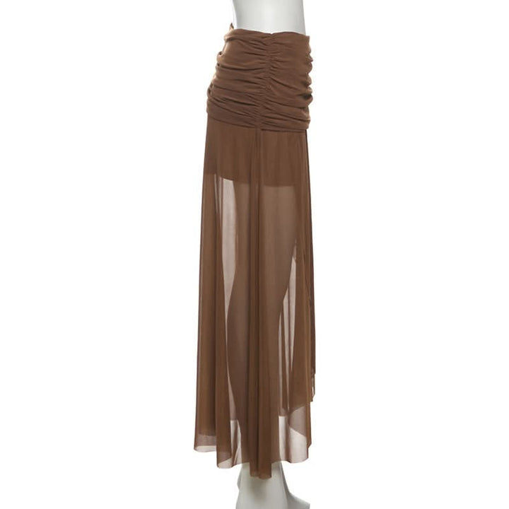 Ruched irregular mesh solid maxi skirt  | Festival Outfits Women