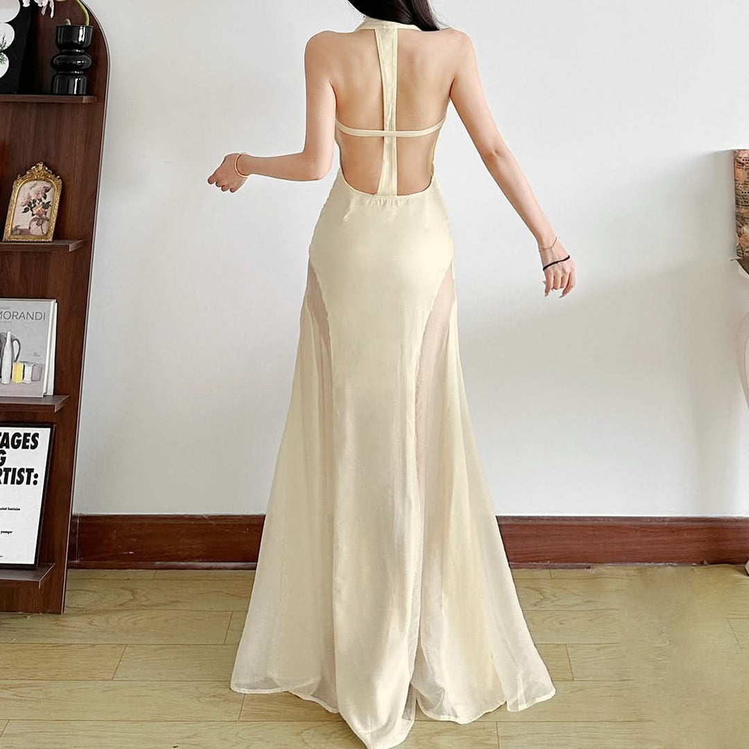 Cowl neck zip-up backless solid maxi dress  | Festival Outfits Women