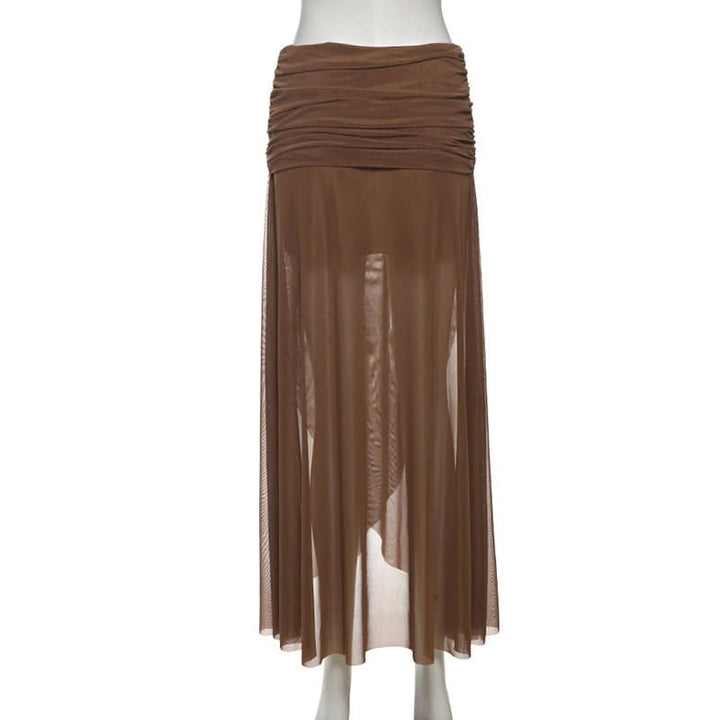 Ruched irregular mesh solid maxi skirt  | Festival Outfits Women