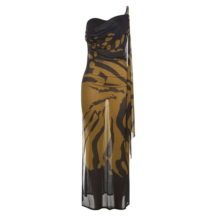 One shoulder print slit irregular mesh maxi dress  | Festival Outfits Women