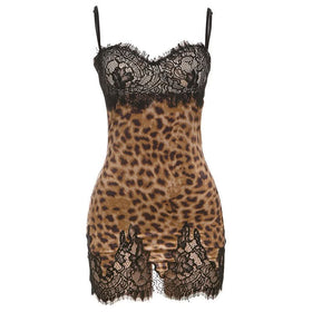 Leopard print lace hem v neck cami mini dress  | Festival Outfits Women  | Leopard Print Mini Dress