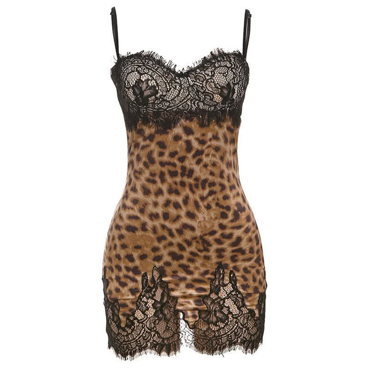 Leopard print lace hem v neck cami mini dress  | Festival Outfits Women  | Leopard Print Mini Dress