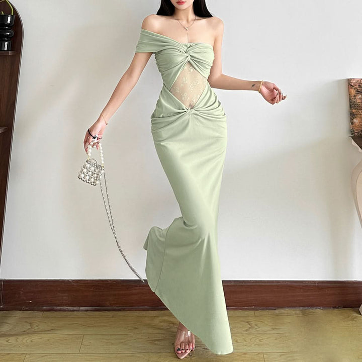 Ruched lace one shoulder irregular maxi dress  | Festival Outfits Women