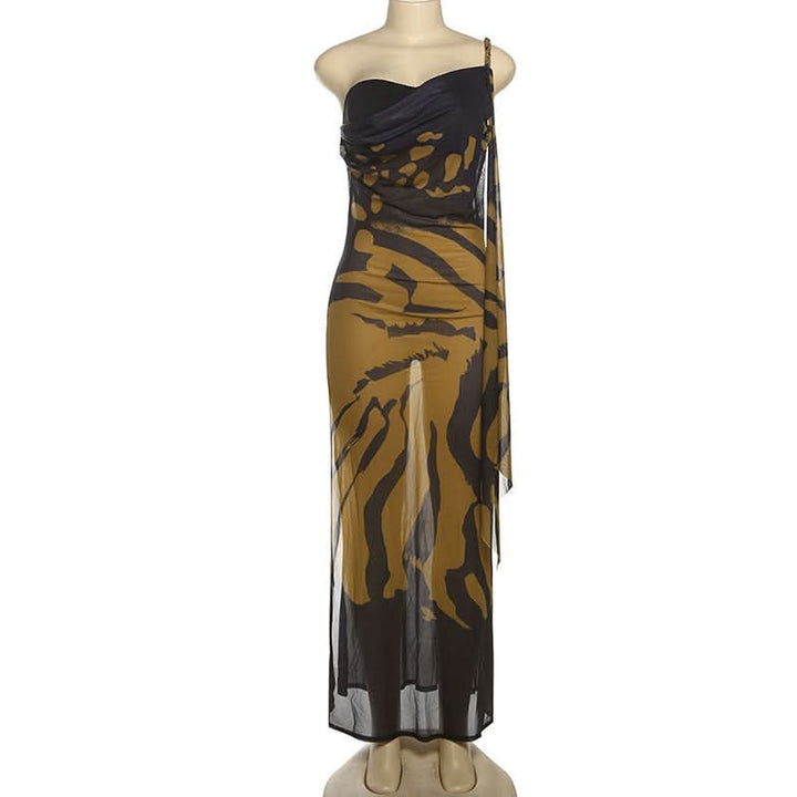One shoulder print slit irregular mesh maxi dress  | Festival Outfits Women