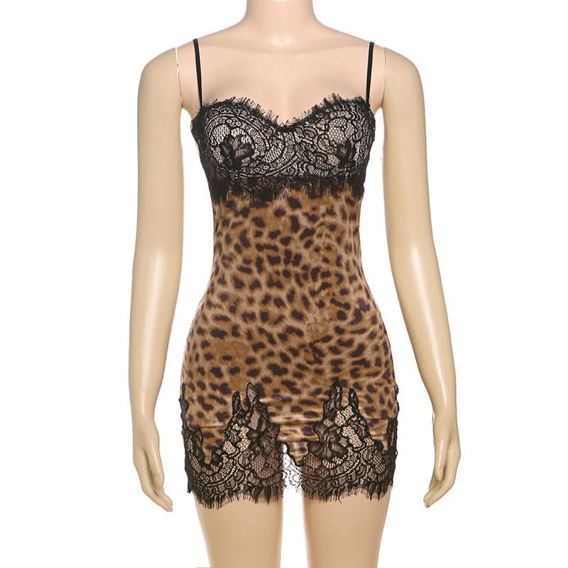Leopard print lace hem v neck cami mini dress  | Festival Outfits Women  | Leopard Print Mini Dress