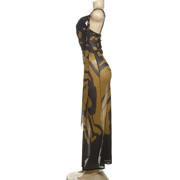 One shoulder print slit irregular mesh maxi dress  | Festival Outfits Women