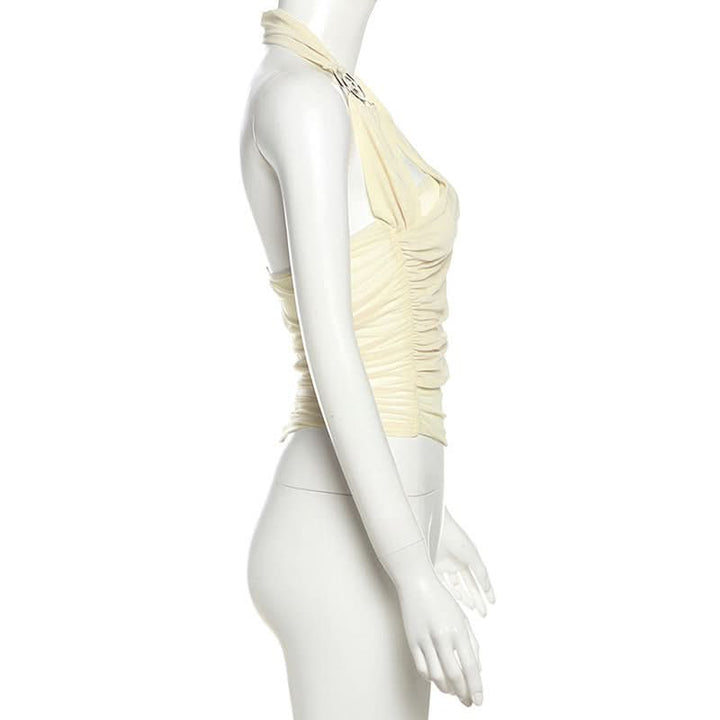 Halter ruched irregular mesh backless top  | Festival Outfits Women