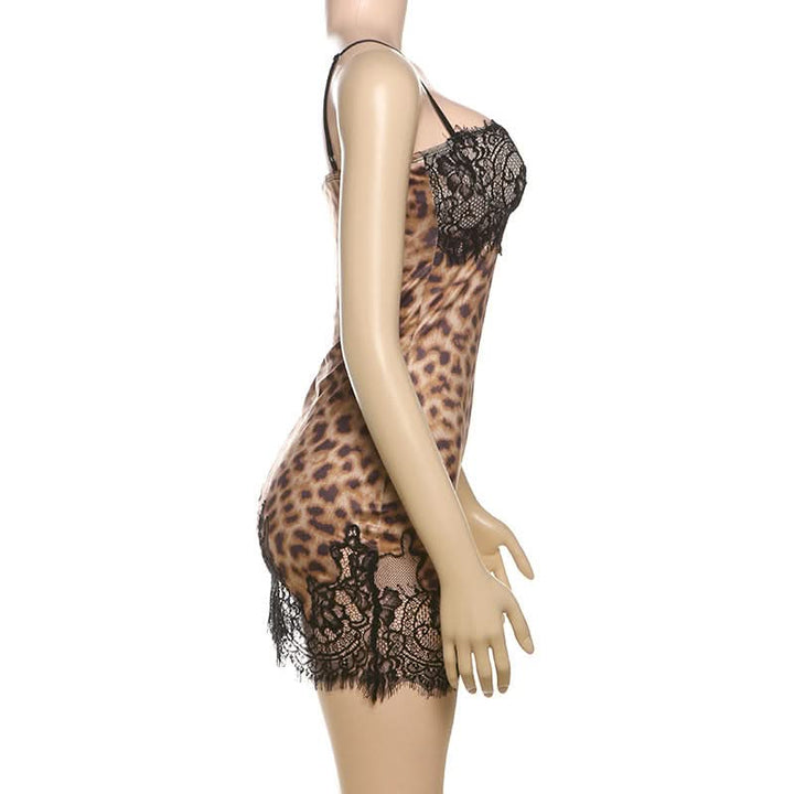 Leopard print lace hem v neck cami mini dress  | Festival Outfits Women  | Leopard Print Mini Dress