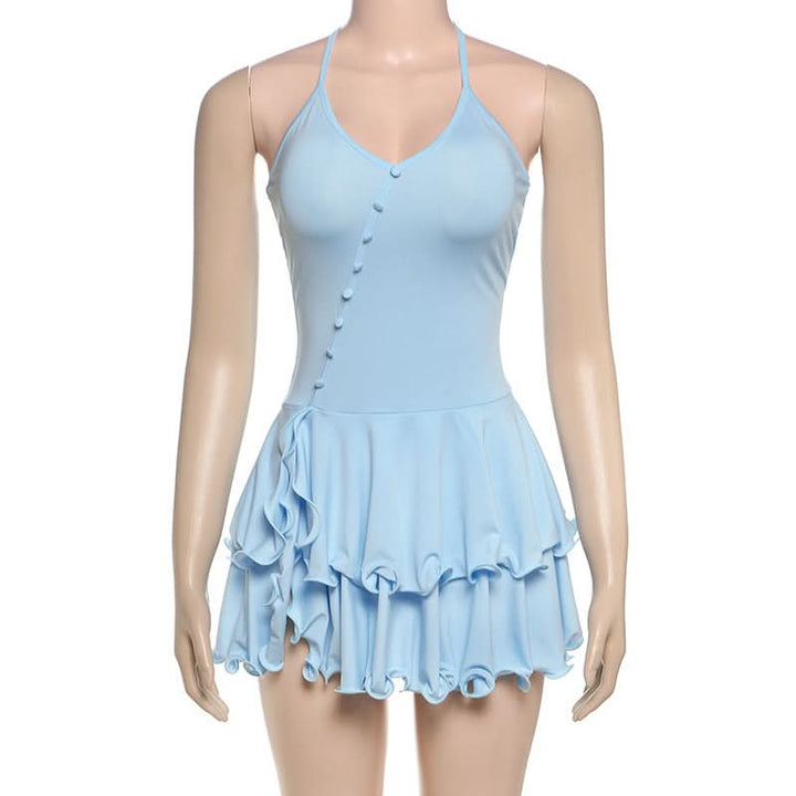 Ruffle halter self tie v neck button mini dress  | Festival Outfits Women